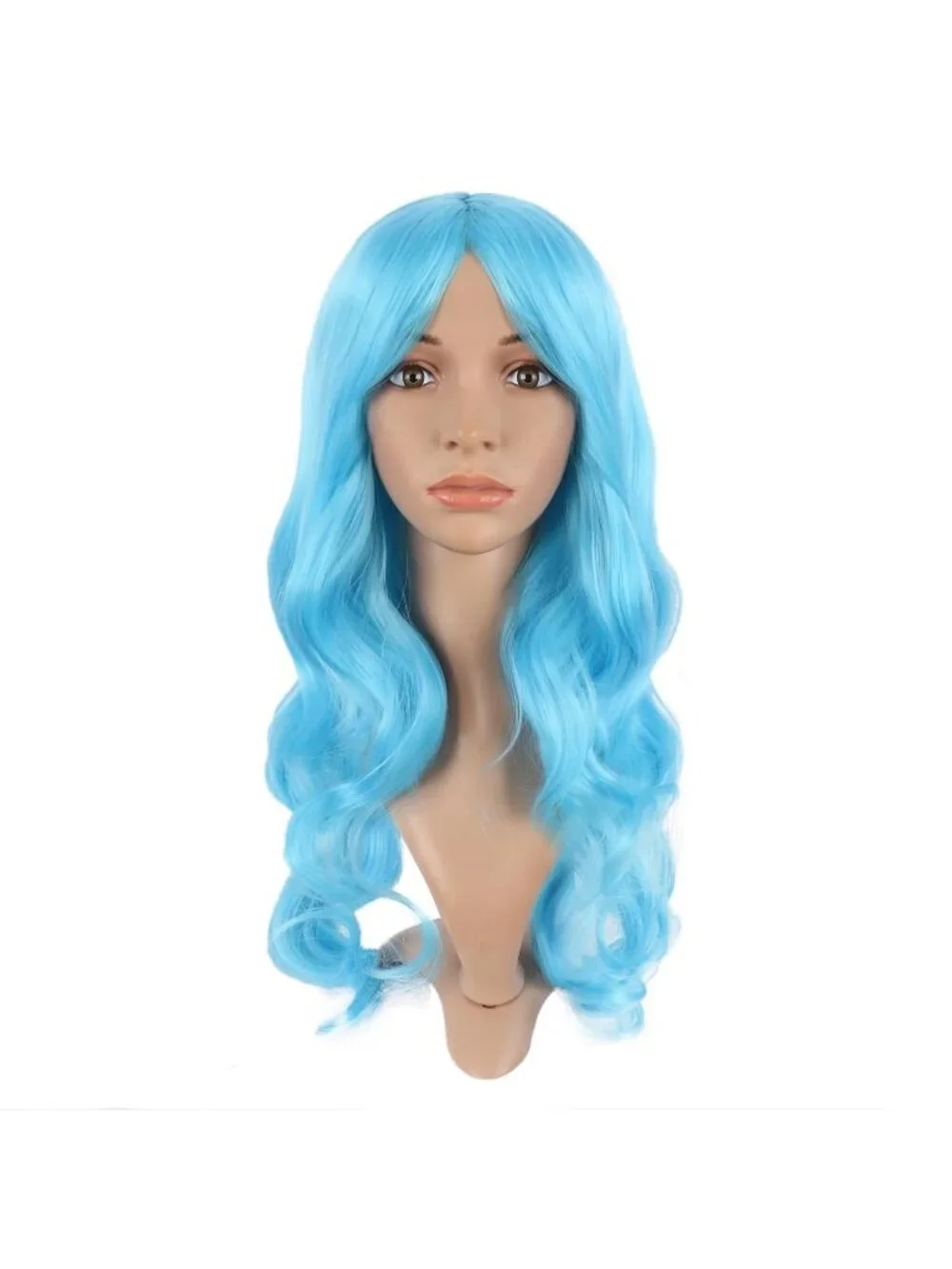 Women's Sky Blue 24 Inch Synthetic Modern Long Wavy Side Bangs Wigs